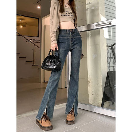 Small Split Micro Jeans Women's 2025 Spring Slim-fit American-style All-match Slim-fit Horn Mop Pants
