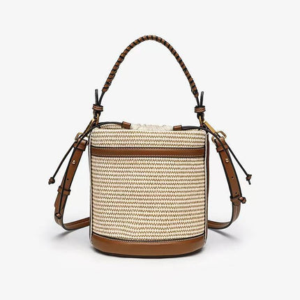 Za Cross-Border Women's Bag, Brown Double-Handle Cylindrical Handbag, Crossbody Bucket Bag, Cylindrical Shoulder Bag with Contrasting Color Design
