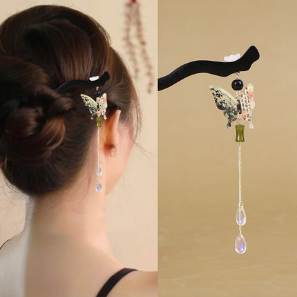 Antique Hairpin Step Tassel Wood Hairpin Imitation Ebony Headwear Disc Hair Simple Accessories Ancient Dress Hairpin Women's Hair