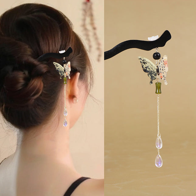 Antique Hairpin Step Tassel Wood Hairpin Imitation Ebony Headwear Disc Hair Simple Accessories Ancient Dress Hairpin Women's Hair