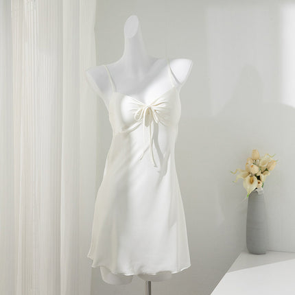 Aura* Romantic Pure Lust Style Ice Silk Pajamas for Women Spring and Summer Sexy Bow Suspender Nightgown with Breast Pads