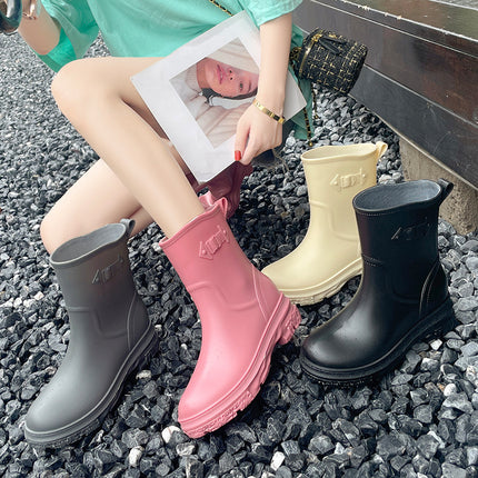 2025 Pvc Outdoor Car Wash Cleaning Rain Boots for Women, Mid-Calf Waterproof Shoes, Low Heel, Wear-Resistant, Non-Slip, Rainproof