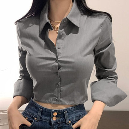 South Korea Dongdaemun New Slim-fit Slimming Sexy Feminine Figure Short Exposure Waist Long-sleeved Shirt Top for Women