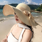 Wide brimmed bowknot hat - beige trim / M（56-58cm）