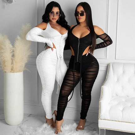 Sanhu Lianjiang M20867P European and American Fashion Spring New Mesh See-Through Solid Color Versatile Slim-Fit Jogger Pants