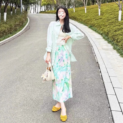 Summer Fresh Outfit, Summer Refreshing Color Scheme, Green Sleeveless Top, High-Waisted Slimming Skirt Two-Piece Set