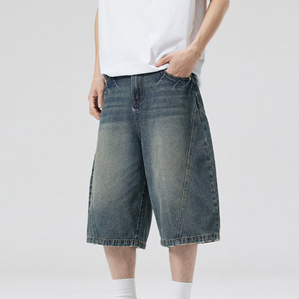Lktm Men's Clothing # American Retro Lightning Pattern Scimitar Cropped Pants for Men and Women, Trendy Brand Design, Versatile Denim Shorts