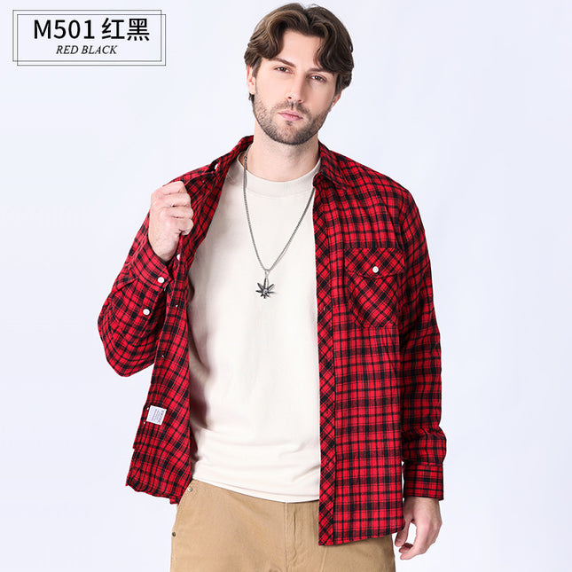 2026 Spring Cross-Border Trade American Retro Flannel Men's Long-Sleeve Brushed Plaid Shirt Men's Cool Jacket