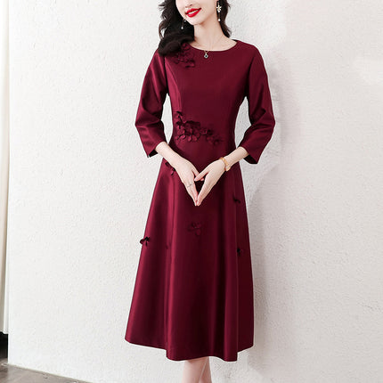 Xi mother-in-law wedding dress wine red dress 2023 autumn new fashion retro elegant slim dress