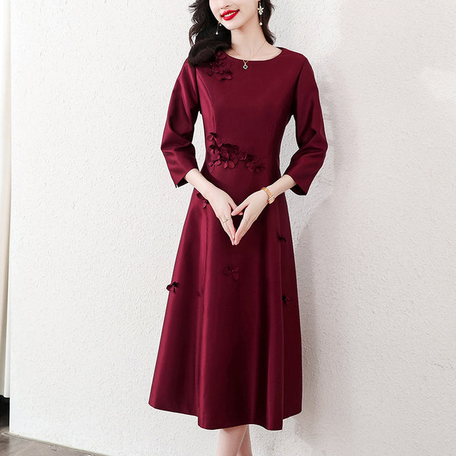Xi mother-in-law wedding dress wine red dress 2023 autumn new fashion retro elegant slim dress