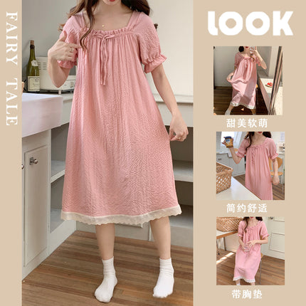 2024 Summer New Style Pajamas with Chest Pad Women's Bubble Cotton Short-Sleeved Nightgown Home Wear Sweet and Cute Outer Wear