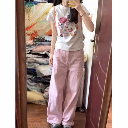 Pure Cotton White Right Shoulder Cat Short-Sleeved T-Shirt for Women Summer Design Niche American Short Sexy Slim Top