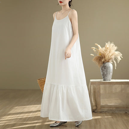Real Shot of 2025 Summer New Style White Minimalist Extended Cotton-Polyester Splicing Slip Dress Slimming Fishtail Dress for Women