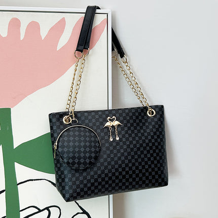 Cross-border Two-piece Fashionable Distinctive Denim Pattern Diamond Pattern Embroidered Tote Large Bag with Mini Change Small Round Bag Trendy