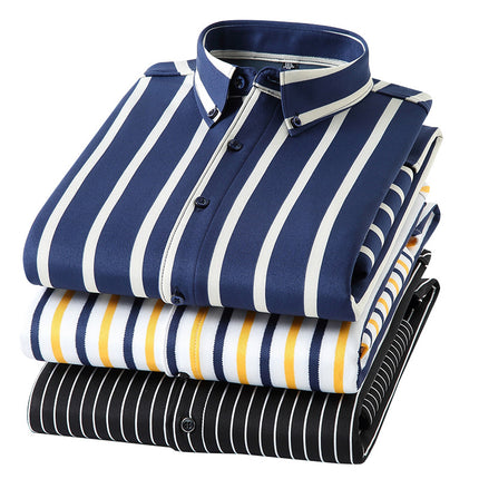 Winter New Elastic Warm One-piece Velvet Casual Men's Shirt Business Cold-proof fleece-lined Striped Shirt for Middle-aged and Elderly