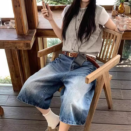 Plus-Size American Retro Lightning Design Denim Shorts for Women, New Summer Style, Loose Wide-Leg Cropped Pants for Plus-Size Women