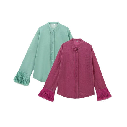 European and American Style Women's Clothing Export Cross-Border Popular Versatile Holiday Blouse French Light Mature Style Fashion Ostrich Feather Splicing Lining