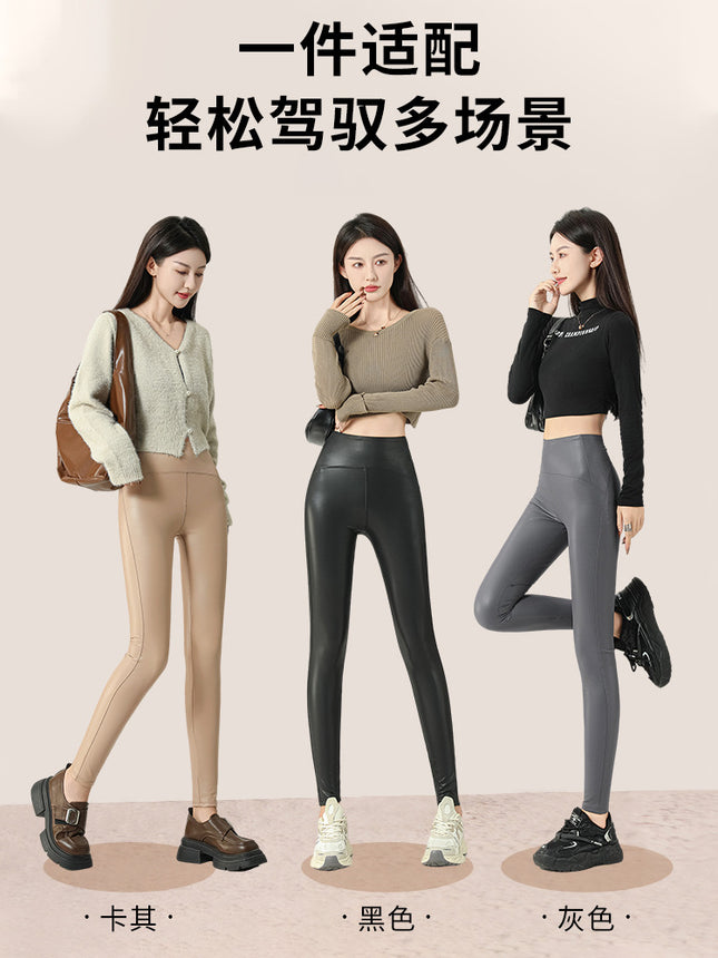 High-Bottom Baby Leather Women's Leather Pants 2024 New Autumn and Winter Velvet High-Waist Outer Wear Tight-Fitting Leggings Yoga