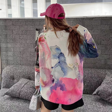 2025 Autumn and Winter New Heavy Industry Hot Drilling Tie-Dyeing Cartoon Sweater Women's Loose Fashion Top European Belly Covering Sweater