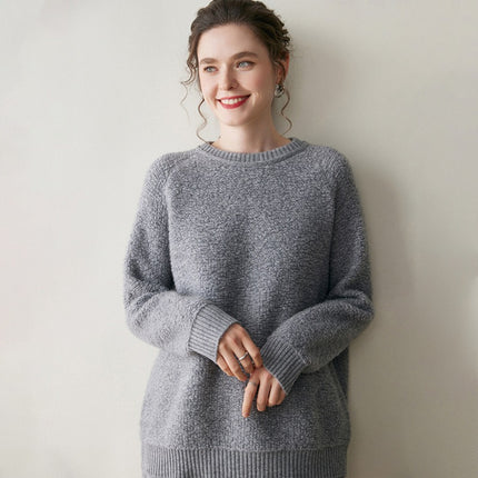 Mid-Length Embroidered Knitted Raglan Long-Sleeved European and American Bottoming Sweater Autumn and Winter Round Neck Towel New Cashmere Sweater Women's Pullover