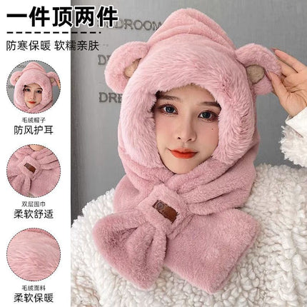 Autumn and Winter Hats for Women, Cute Plush Scarf, Thickened Integrated Neck Warmer, Plush Hat for Cycling, Warm Ear Protection Hat