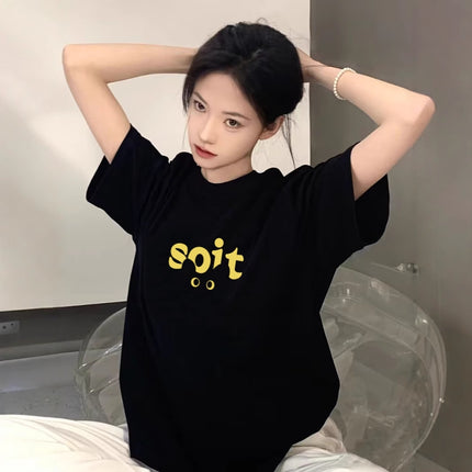 Pure Cotton European American Shoulder Short-sleeved T-shirt Women's 2025 New Explosions Loose Fashion Brand High Street Half-sleeved Top for Summer