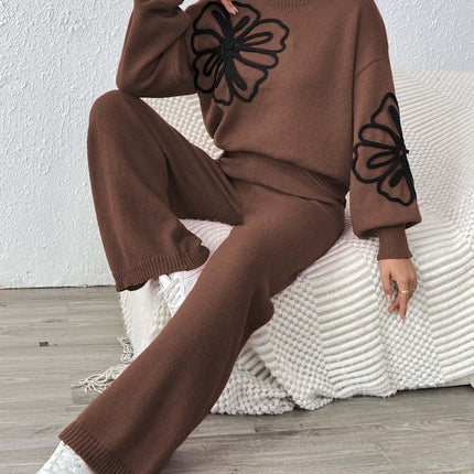 Cross-Border European and American Women's Clothing Set: Ribbon Embroidery Floral Half-High Collar Lantern Sleeve Pullover Sweater and Straight Wide-Leg Pants Two-Piece Set