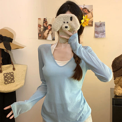 Beach Wear Sun Protection Blouse T-Shirt for Women 2025 Summer Thin Long-Sleeved Top with Suspender Two-Piece Set