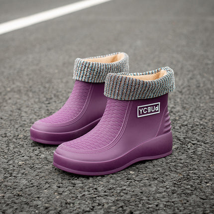 Cross-Border Rain Boots for Women, Short-Tube Fashionable Outer Wear Student Rain Boots, Winter Velvet Warm Rubber Shoes, Low-Tube New Water Shoes