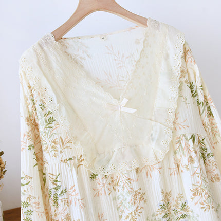 Lace V-neck Princess Style Pullover Long-sleeved Pure Cotton Pajamas Women's Spring and Summer Thin Crepe Cotton Floral Dress for Outer Wear