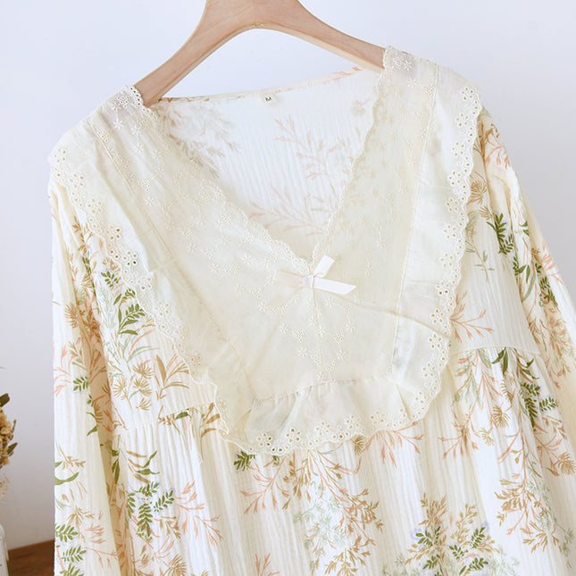 Lace V-neck Princess Style Pullover Long-sleeved Pure Cotton Pajamas Women's Spring and Summer Thin Crepe Cotton Floral Dress for Outer Wear
