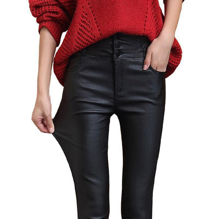 Matte Leather Pants for Women, Versatile High-Waisted Autumn and Winter Velvet Thickened Slimming Look Leggings for Women, Popular Outer Wear Black Leggings
