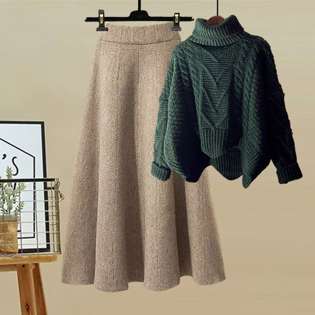 Autumn and Winter suit Women's 2024 New Design Sense High Neck Knitted Sweater Women's Covering Cross Slim Skirt Two-Piece Set