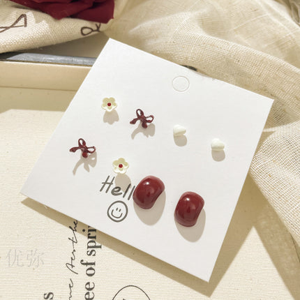 Autumn and Winter Vintage Angora Red Silver Needle Earrings High-end Sense White Exquisite Sweet Elegant All-match Bow Earrings