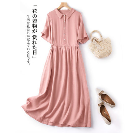 2024 Summer New Retro Hong Kong Style Loose Cotton and Linen Pure Color Mid-Length Polo Collar High Waist Short-Sleeved Dress for Women