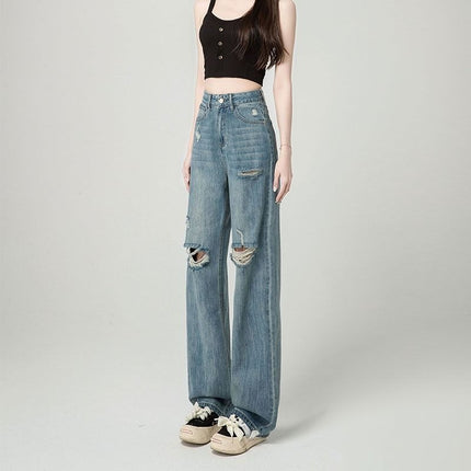 Ripped Jeans Women's Summer Thin Straight Loose 2024 New High Waist Wide Leg Draping Slimming Floor Trousers