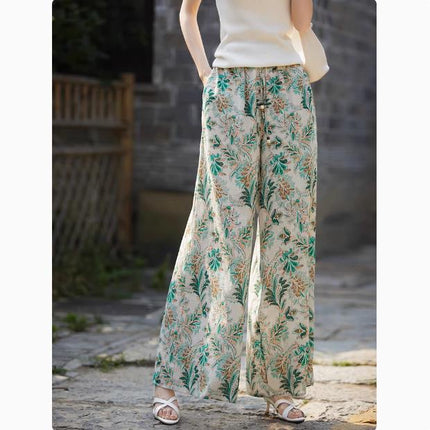 2025 Summer New Green Floral All-match Wide-leg Pants Design High-end Seaside Vacation Cotton and Linen Casual Pants