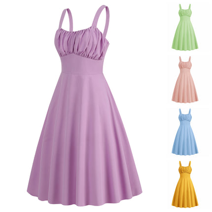 Cross-border supply of foreign trade women's 50s60s retro Hepburn wind strap hanging neck dual-use solid color thin dress