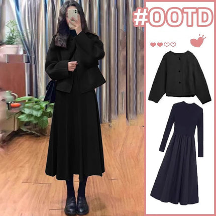 plus size chubby girl Fall/Winter Women's Small Fragrant Style Short Wool Coat Dress Two-Piece Set 200kg