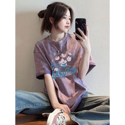 Washed Distressed Pure Cotton Short-Sleeved T-Shirt for Women Ins Trendy Loose Retro Large Size Slim Couple Half-Sleeved Top Summer