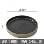8inch coarse pottery mid-deep plate - brown outside and black inside