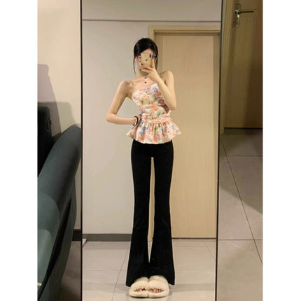 Tall Women's Black Flared Jeans, Spring High-Waisted Slim Fit Stretchy Floor-Length Bootcut Pants