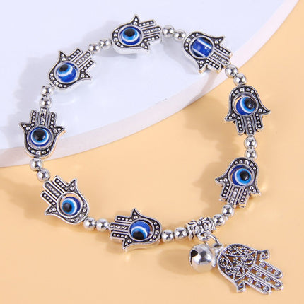 Aliexpress Hot Selling Retro Fatima's Hand Bell Pendant Alloy Bracelet Devil's Eye Lucky Tassel Jewelry
