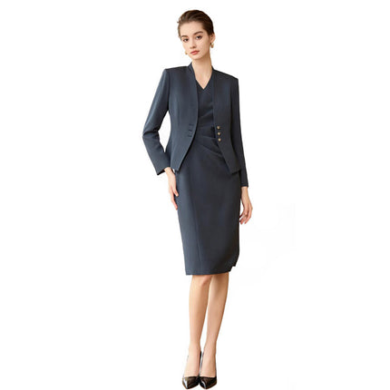 Fashionable Spring and Autumn new women's suit formal wear belly-covering slimming V-neck fashionable mid-length dress suit
