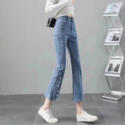Vintage Blue Slip Micro-flared Jeans Women's Trendy All-match New High Waist Slimming Cropped Irregular Flared Pants