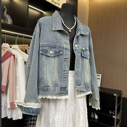 Lace stitching spring Korean retro Denim short coat this year's popular women's lapel design jacket