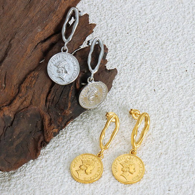 Cross-border European and American Fashion Figure Coin Roman Earrings Court Retro Personality Round Brand Stainless Steel Earrings Jewelry Women