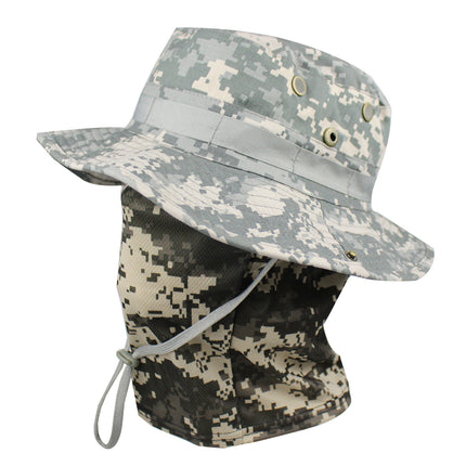 Outdoor Tactical Fisherman Hat Camo Penny Hat Summer Mountaineering Training Sunshade Round Edge Hat Mask Two-piece Set
