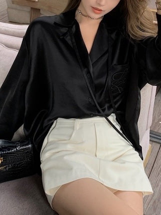 Spring and Summer Lo*We Acetate Shirt Women's High-End Satin Gloss 18,000 Needle Embroider Shirt Cardigan