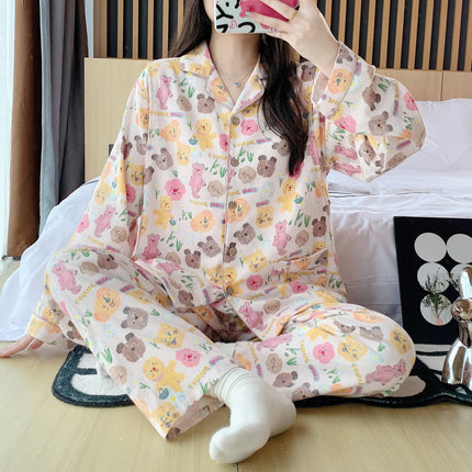 Cotton Sanding Luna Long-sleeved Lapel Postpartum Pregnancy Lactation Dual-purpose Pregnant Women's Pajamas for Spring and Autumn